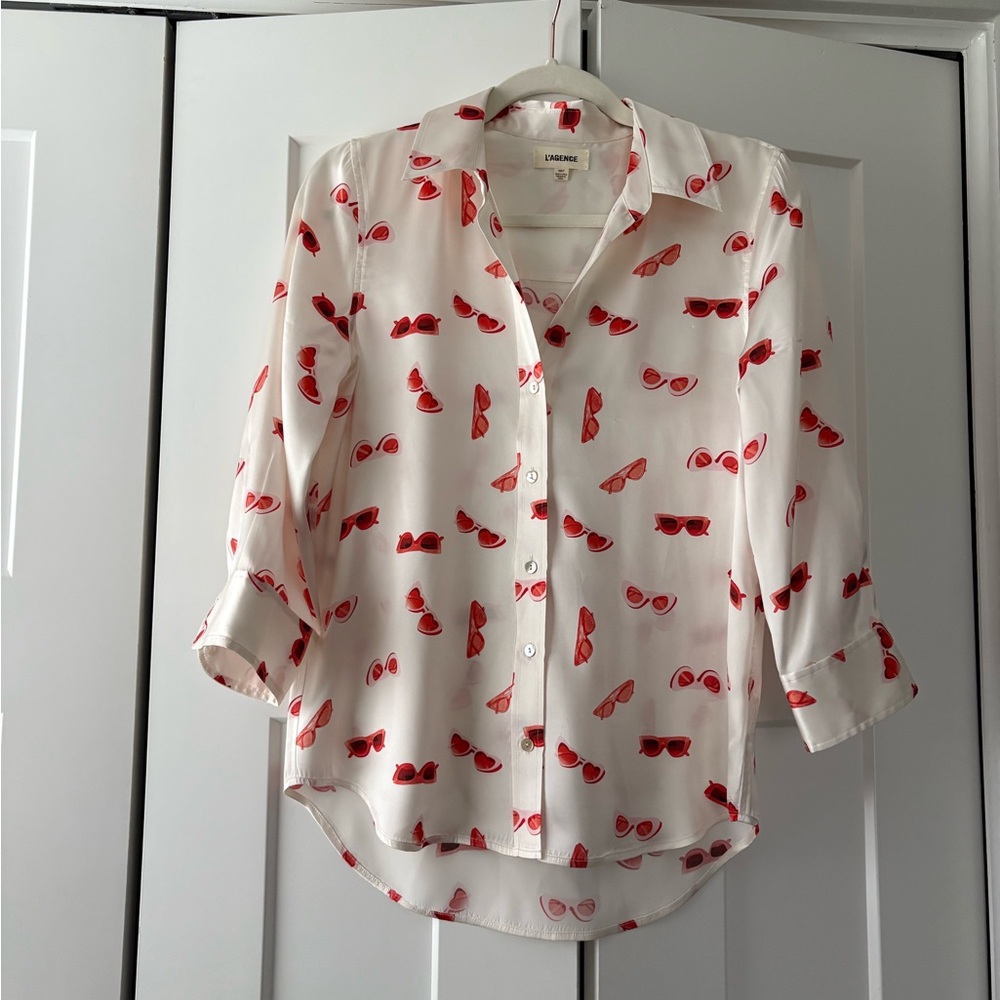L'AGENCE | White Button | Shirt with Sunglasses Print